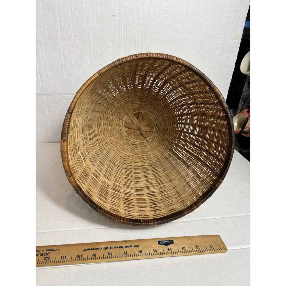 Vintage Pedestal Wicker Basket Planter Waste Basket Boho Rattan 11” Round